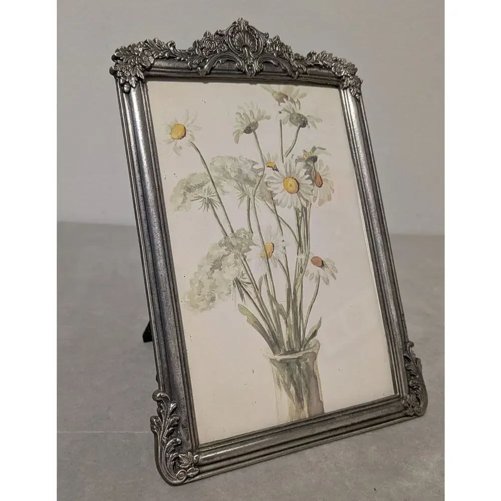 Vintage Ornate Silver Pewter Heavy Cast Metal 4x6 Picture Frame Rococo Chic
